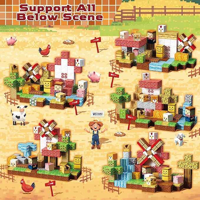 120 PCS Magnetic Blocks - Magnetic Building Blocks, Magnetic Farm Animal Homes Stacking Magnets for Kids, STEM Montessori Sensory Toys for Kids 3+ Boys and Girls Christmas Birthday Gifts
