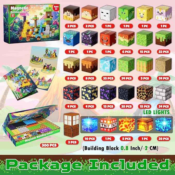 Magnetic Blocks - 300 PCS with Light Up Blocks Dinosaur Volcano Forest Castle Set - Kids Classroom Sensory Toy for Toddlers STEM, Construction Stacking Toy Kids 3+ Boys Girls Christmas Birthday Gifts