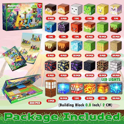 Magnetic Blocks - 300 PCS with Light Up Blocks Dinosaur Volcano Forest Castle Set - Kids Classroom Sensory Toy for Toddlers STEM, Construction Stacking Toy Kids 3+ Boys Girls Christmas Birthday Gifts