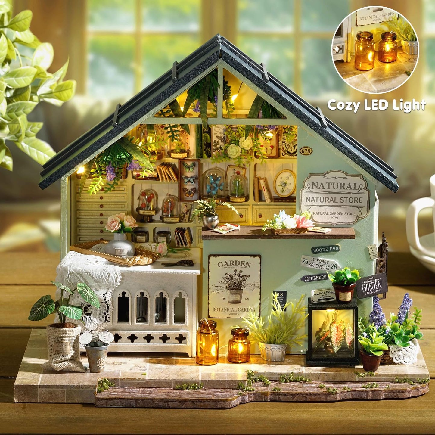 TuKIIE DIY Miniature House Kit with Furniture, 1:24 Scale Creative Room Mini Wooden Dollhouse Book Nook Plus Dust Proof & Music Movement for Kids Teens Adults(Plants Studio)