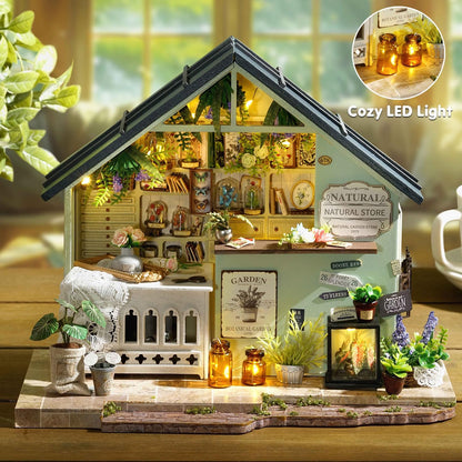 TuKIIE DIY Miniature House Kit with Furniture, 1:24 Scale Creative Room Mini Wooden Dollhouse Book Nook Plus Dust Proof & Music Movement for Kids Teens Adults(Plants Studio)