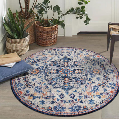 Lahome Bohemian Round Rug 3Ft Small Bedroom Round Area Rug Soft Bathroom Circle Mat, Vintage Machine Washable Non Slip Low Pile Indoor Floor Carpet for Kitchen Laundry Entryway, Blue Purple/Multi