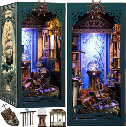 [2025 New] Sea Maze Book Nook Kit with Dust Cover & LED Light, DIY Miniature House Kit Toy, 3D Wooden Puzzle Bookshelf Decor Building Kit, Birthday Gifts for Family & Friends