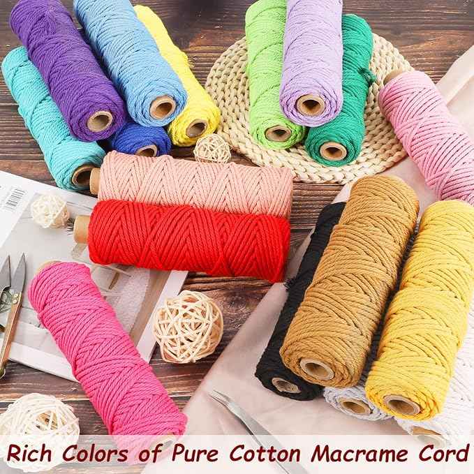 Macrame Cord 3mm x 594 Yards, 18 Rolls Natural Colored Macrame Cotton Cord Rope Kit Color Variety Macrame Jute Twine String 4 Strand Twisted for Wall Hanger Plant Hanging DIY Knitting Macrame Supplies