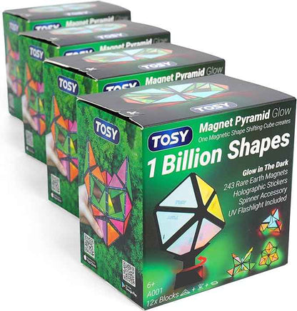 TOSY Magnet Pyramid Glow - 1 Cube Transforms into 1 Billion Shapes (Bunny, Egg, Flowers, Heart), Easter Basket Stuffers Gift, 12 pcs, 243 Magnets, Glowing, Holographic Design, Puzzle/STEM Toy, 4-Pack