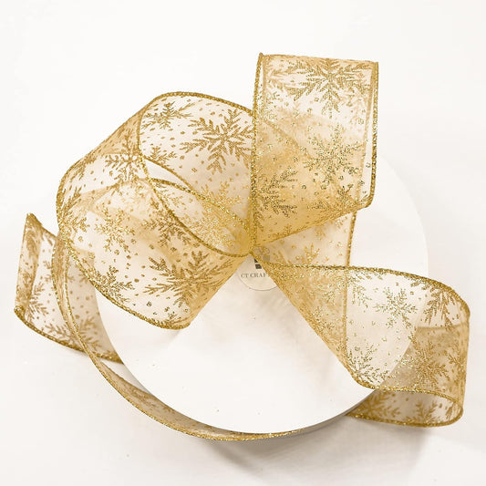 CT CRAFT LLC Organza with Gold Glitter Snowflakes Wired Ribbon 2.5 inch x 50 Yards for Christmas Home Decor Tree Topper Bow Gift Wrapping DIY Crafts Wreath Garland Wedding - Crafty Corner