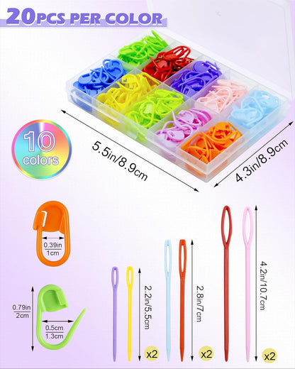 FIVEIZERO 200 Pcs Stitch Markers 10 Color Knitting Markers Crochet Hook and Needle Clip, Sewing Needles with Plastic Eyelets, Colorful Crochet and Needle Markers for DIY and Craft Sewing