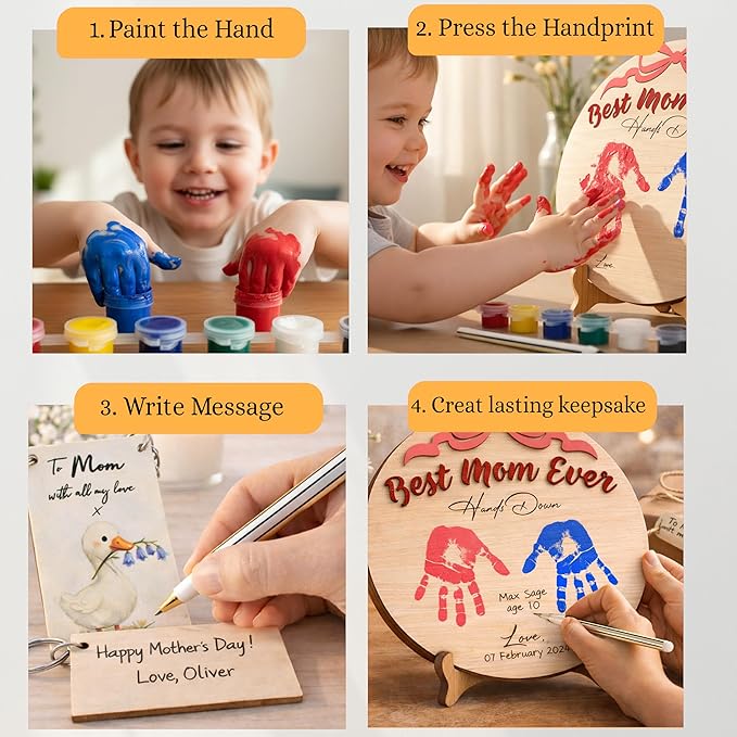 10'' Best Mom Ever Hand Down DIY Handprint Art Kit with Non-Toxic Paints Sentimental Family Keepsake, Toddler Crafts for Mother's Day, Mom Birthday Gifts from Kids, To Mom Keychain Message Gifts