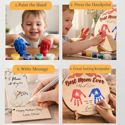 10'' Best Mom Ever Hand Down DIY Handprint Art Kit with Non-Toxic Paints Sentimental Family Keepsake, Toddler Crafts for Mother's Day, Mom Birthday Gifts from Kids, To Mom Keychain Message Gifts
