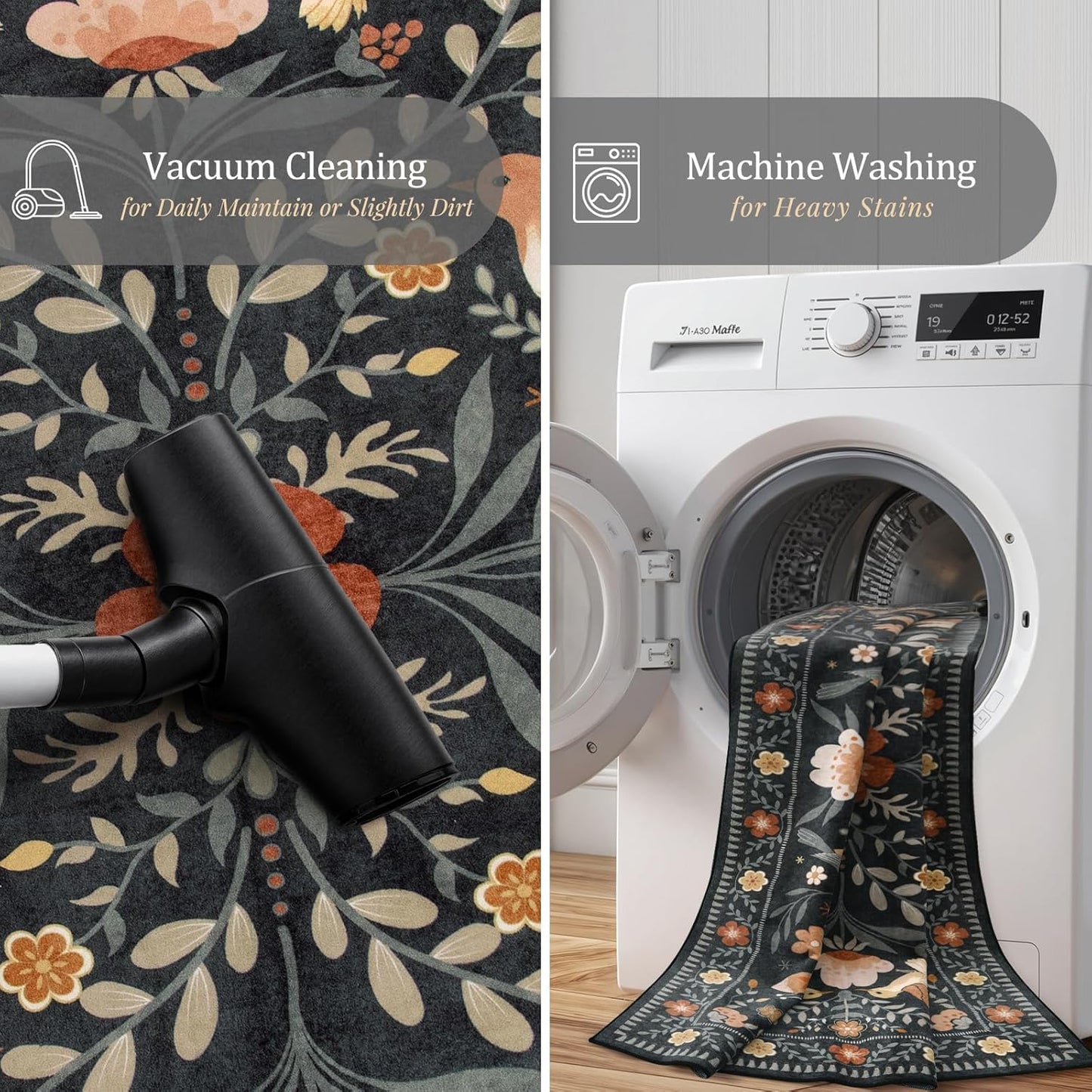 Morebes Washable Black Floral Rug 5x7, Flower Birds Area Rugs for Living Room Non Slip, Soft Low-Pile Indoor Floor Insect Print Throw Carpet for Bedroom Dining Playroom Home Office, Black/Multi