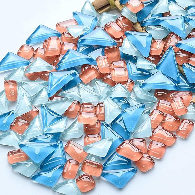 200g Pack of Mosaic Tile Supplies for DIY Crafts, Plates, Picture Frames, Flowerpots, Handmade Jewelry – Irregular Size Square Triangle Rectangle Glass Decorative Tiles (Pink Blue Mix)
