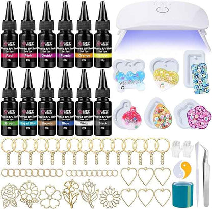 LET'S RESIN All-Inclusive Keychain Making Kit, 12-Color UV Resin with Keychain Molds Silicone, UV Light, 6 Styles Flower and Heart Open Bezels for Resin, Jewelry Making Kit for Beginners, Craft Decor