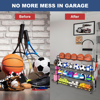 Basketball Rack, Shooting Training Rolling Ball Stand, Garage Organizer with Wheels, 4-Layer Sports Equipment Storage Holder with Baskets and Hooks for Soccer Baseball Footballs Volleyball