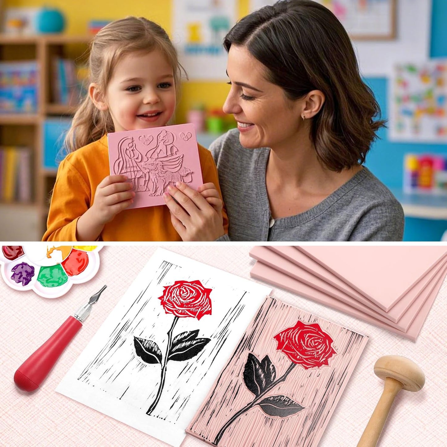 Linoleum Blocks for Printmaking Supplies - 5PCS 4”x6”Rubber Linocut Block Printing Kit for Stamp Carving, Soft Relief Printing Linoleum for DIY Crafts & Art Projects