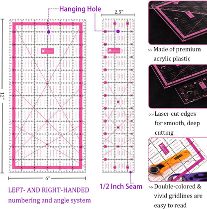 Rotary Cutter Set,Nicecho Sewing Quilting Supplies,45mm & 28 mm Fabric Cutters,8 Rotary Cutter Blades,A3 Cutting Mat for Sewing,6x12 & 2.5x12 In Quilting Rulers,Ideal Quilt kits for Lovers & Beginners