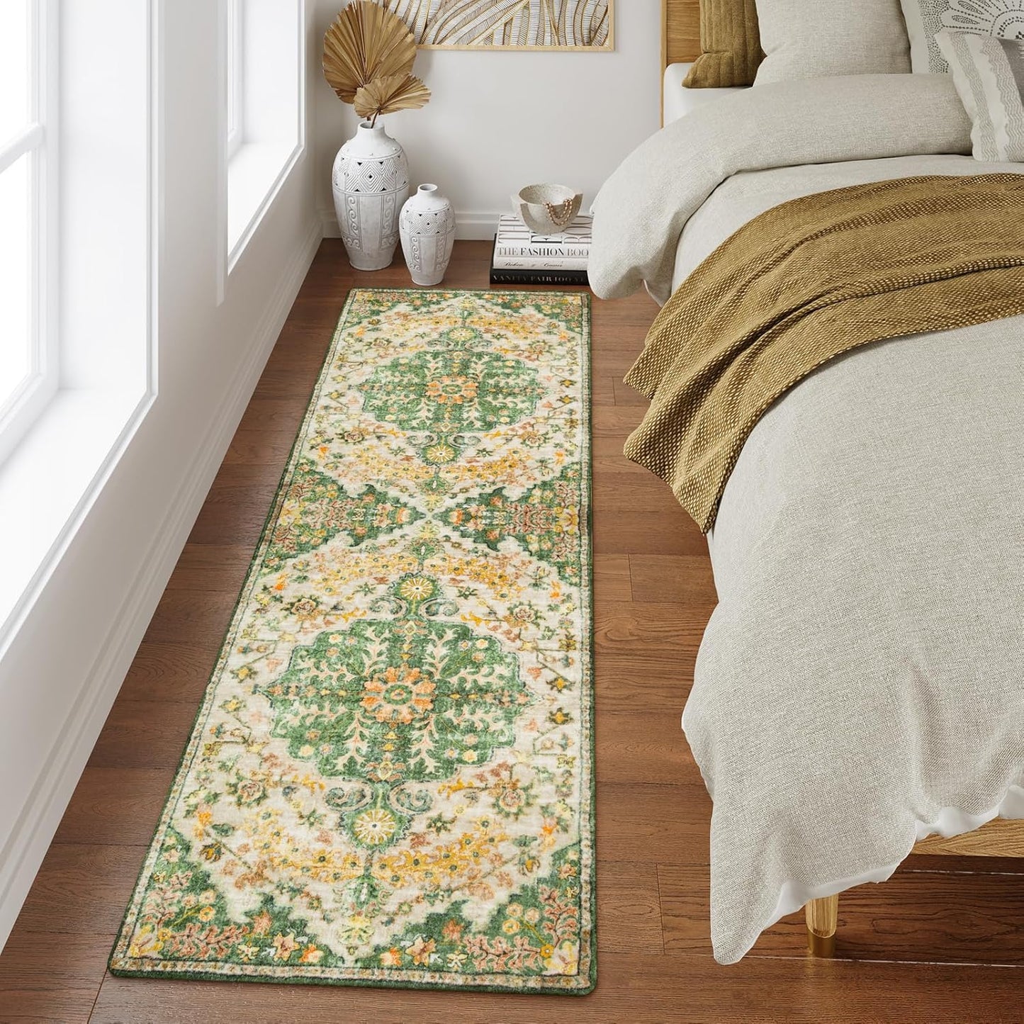 Lahome Bohemian 2x6 Washable Hallway Runner Rug, Kitchen Runner Rugs Non Skid Washable, Floral Medallion Soft Bathroom Carpet Runners for Laundry Room Bedroom Foyer Entryway, Yellow/Green/Multi