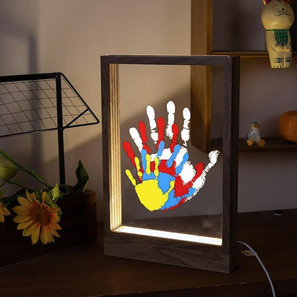 CHERRY CHEERS Family Handprint Kit with Light, Handprint Keepsake Frame, Wooden Led Light, Easy Install, No Need Screw etc, Non-Toxic Paints (Brown)
