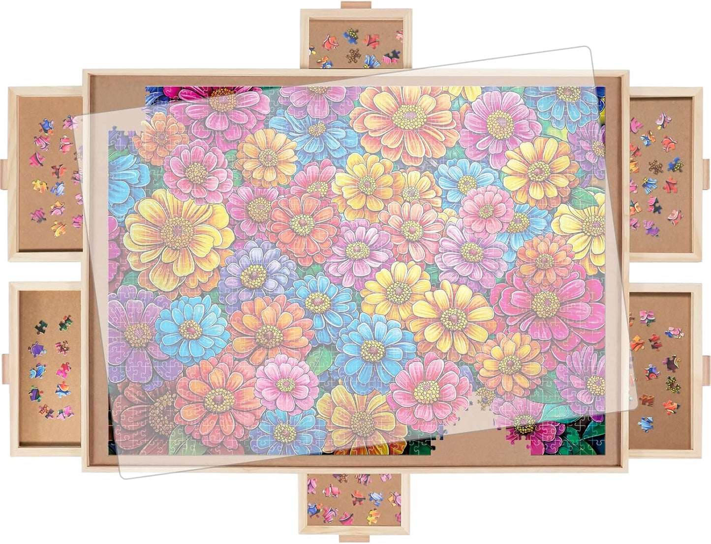 1000 Pieces Rotating Puzzle Board with 6 Drawers, Lazy Susan & Transparent Cover, 30.2"x22.4" Portable Wooden Jigsaw Puzzle Board , Great Gift for for Puzzle Enthusiasts