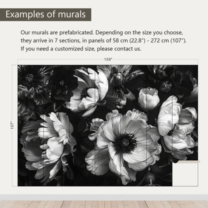 AFZEVEB-Black Peony Floral Wallpaper Vintage Large Flower Wall murals for Bedroom 159"x107"(Not Peel and Stick)