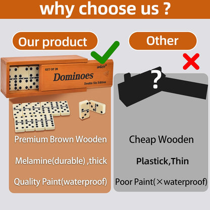 Smilejoy Dominos Set for Adults -Jumbo Size Dominoes Double Six Edition- Classic Board Games- Thick Size Double 6 Domino Set with Deluxe Brown Wood Box, 28 Tiles (2-4 Players)