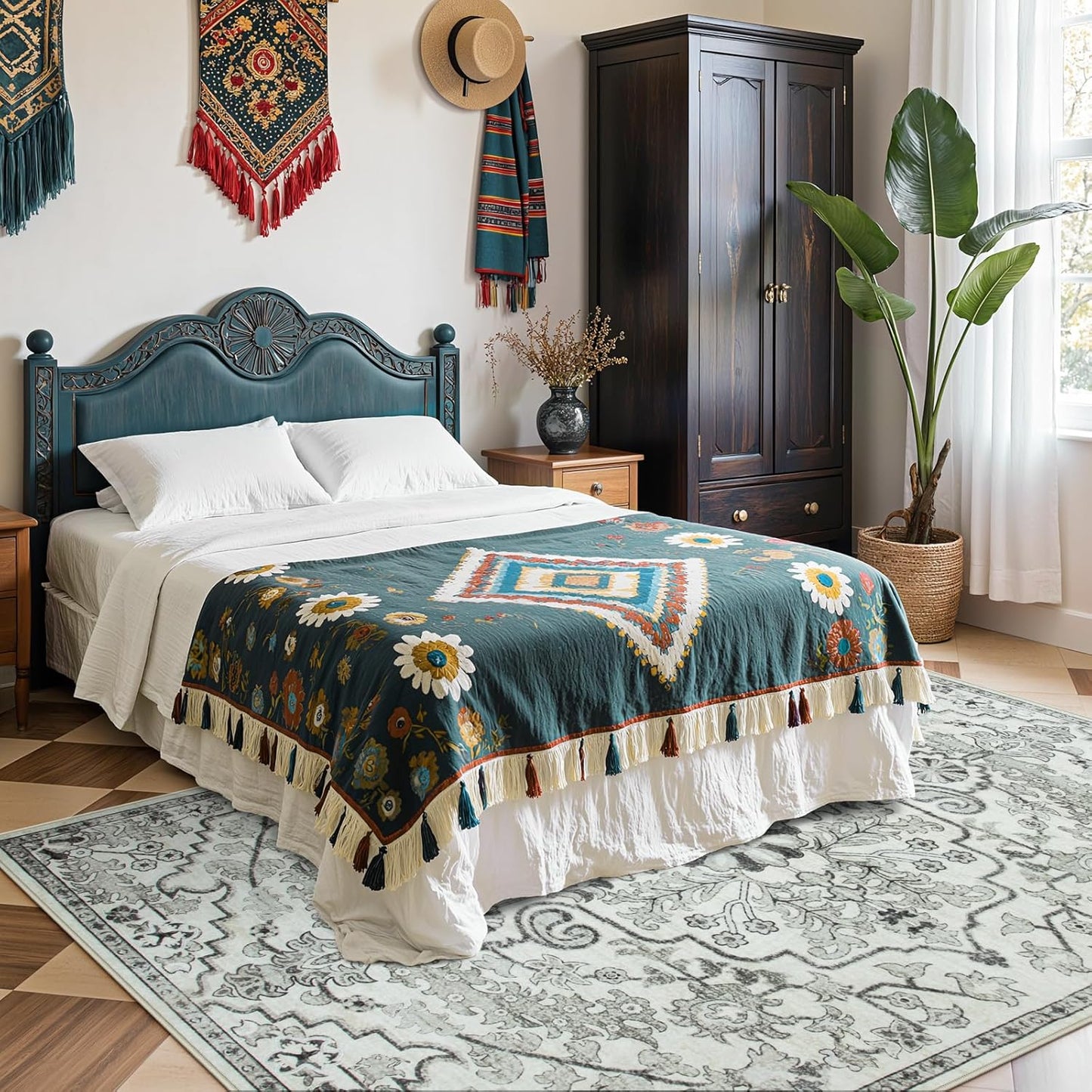 Lahome Area Rug 5x7 Washable Living Room Rug, Large Soft Bedroom Rug, Bohemian Medallion Non Slip Non Shedding Low Pile Accent Print Indoor Carpet for Dining Room Office Playroom, Beige