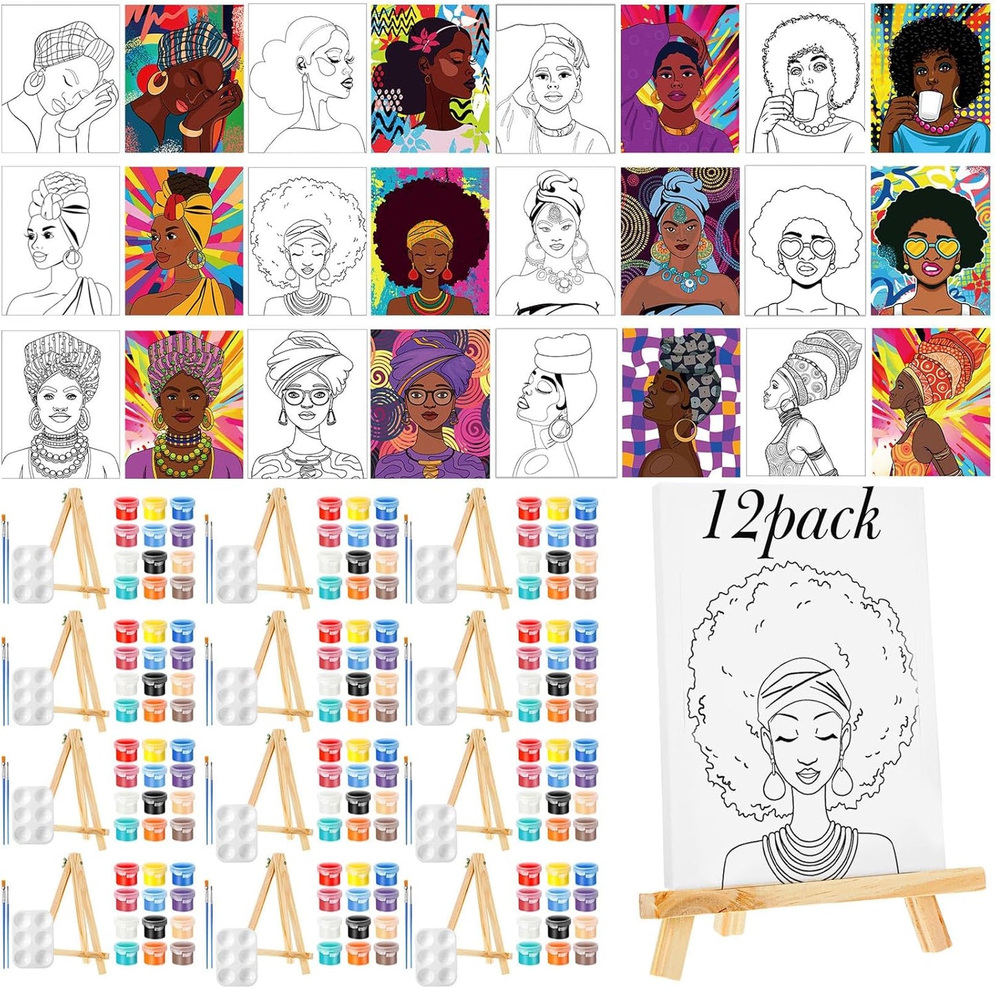 Zhanmai 12 Pack Pre Drawn Canvas for Painting Sip and Paint Kit 8" x 10" Paint Party Set Canvas Painting Pre Printed Canvases for Party Favor DIY Virtual Adult's Date Night(Afro Queen) - Crafty Corner