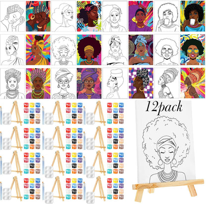 Zhanmai 12 Pack Pre Drawn Canvas for Painting Sip and Paint Kit 8" x 10" Paint Party Set Canvas Painting Pre Printed Canvases for Party Favor DIY Virtual Adult's Date Night(Afro Queen) - Crafty Corner
