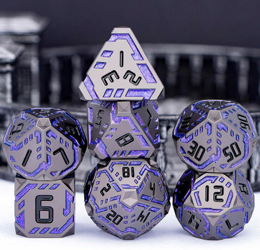 Metal DND Sci-fi Dice Set 7PCS Stripe Polyhedral Dice for Dungeons Dragons RPG Role Playing Game, Glitter D and D Dice with Gift Box D6 D8 D10 D12 D20 (Black Purple) ﻿