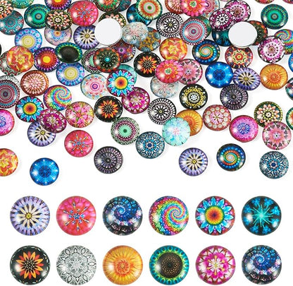 Craftora 100Pcs Flower Printed Glass Cabochons for Jewelry Making, Mixed Color Half Round Cameo Dome Tiles Kaleidoscope Picture Flatback Dome Cabochons for Photo Cameo Pendant Scrapbooking DIY Crafts