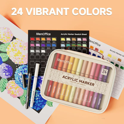 MemOffice Direct Liquid Acrylic Paint Markers, 24 Colors Brush Tip Pens with Carrying Case, No Bleed, Waterproof, for Rock, Wood, Canvas, Glass, Fabric, DIY Crafts for Adults & Kids
