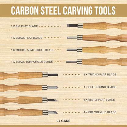 JJ CARE Wood Carving Kit [8 SK7 Carving Knives with Beechwood Handle, 10 Basswood Carving Blocks, and 1 Grinding Stone] - Beginner Wood Carving Kit, Wood Carving Tools Set, Wood Carving Set for Kids