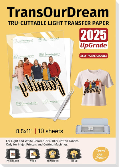 TransOurDream Heat Transfer Paper for t Shirts Heat Press (10 Sheets, 8.5"x11") Printable Heat Transfer Vinyl for Inkjet Printer Light Iron on Transfers for Tshirts Cuttable & Self-Positionable
