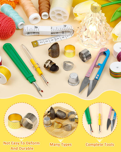 FIVEIZERO Thimble Kit– Sewing Thimbles for Hand Sewing, Metal Finger Protectors, Thimble Ring for Quilting and Embroidery, Includes Seam Ripper, Measuring Tape and Thread Snips