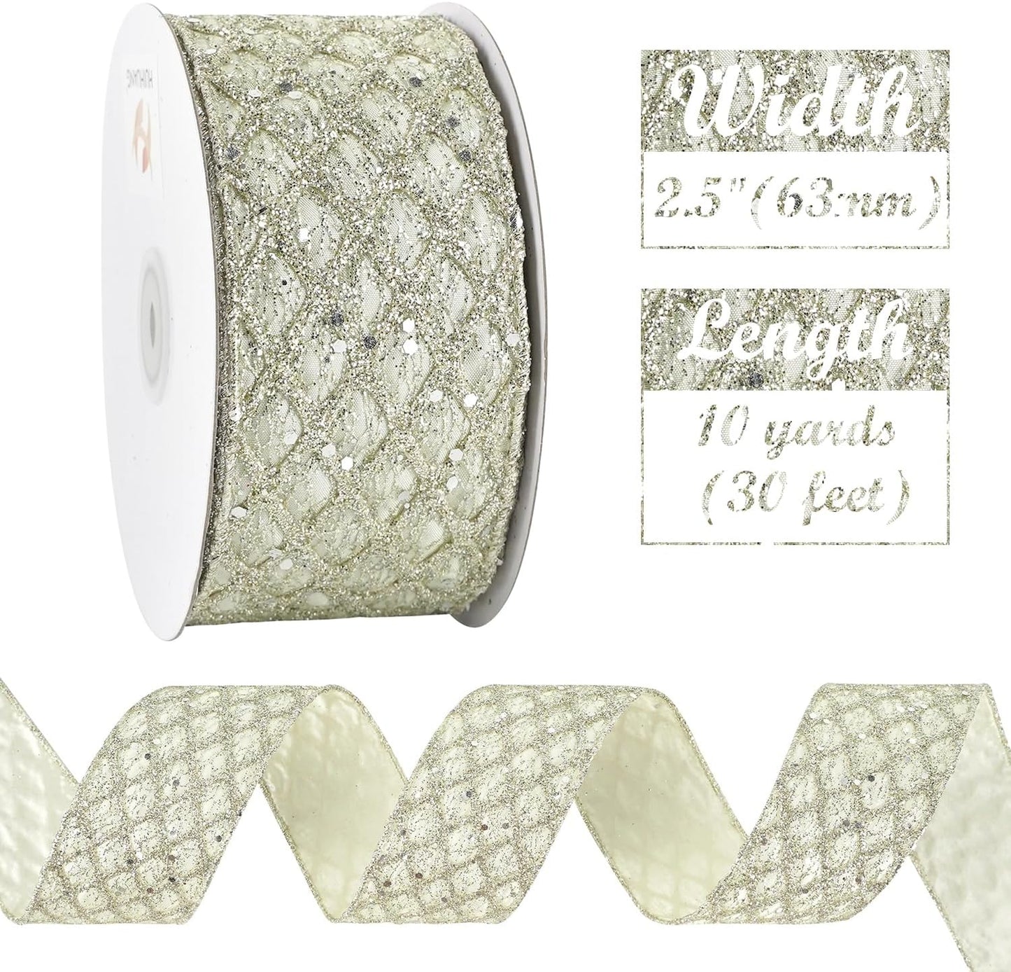 HUIHUANG Champagne Glitter Wired Ribbon for Christmas Tree 2.5 inch Light Champagne Diamond Mesh Ribbon for Tree Decoration, Wreaths, Garland, Gift Wrapping, Bows Making, Home Decor -10 Yards - Crafty Corner