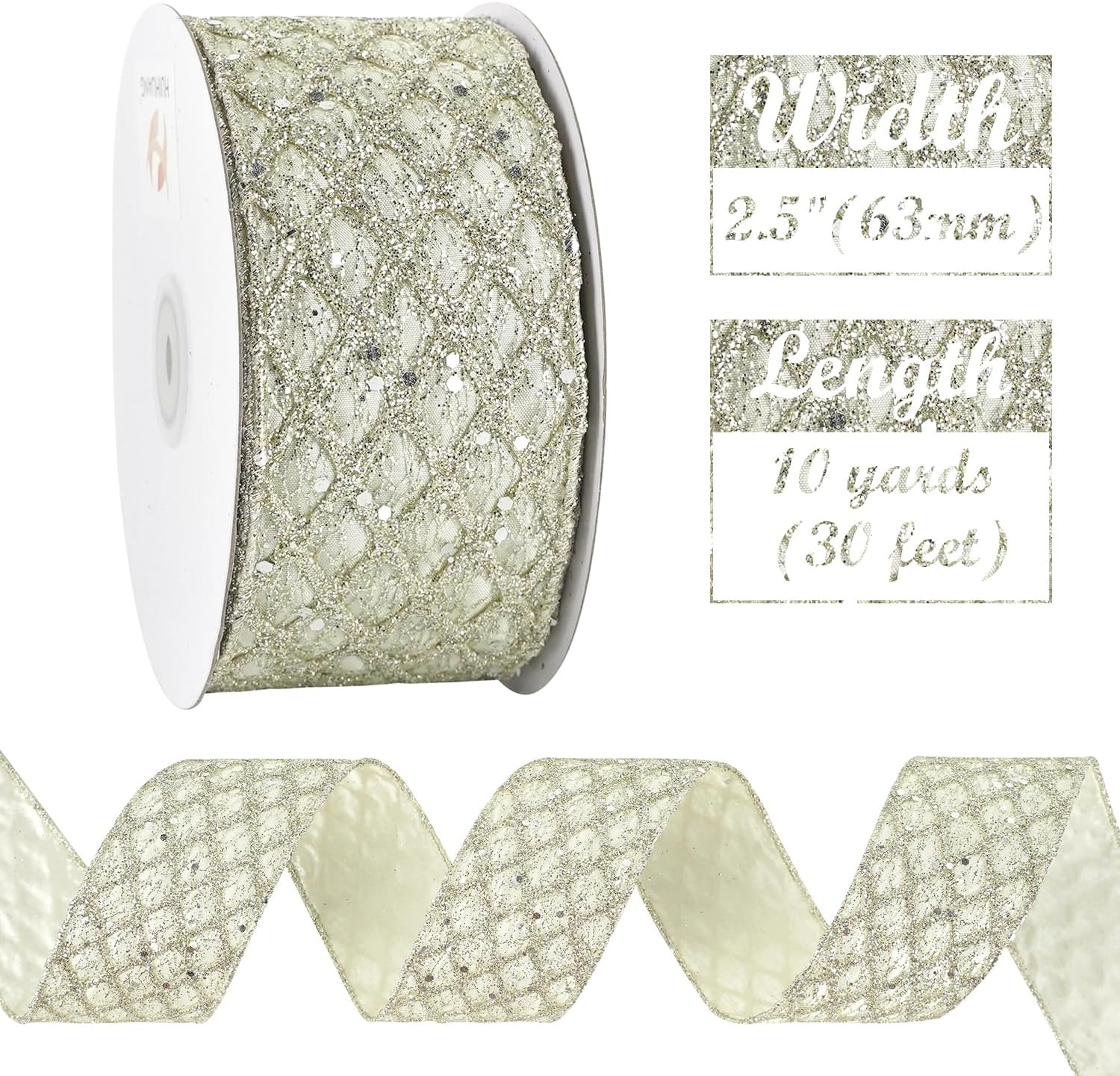 HUIHUANG Champagne Glitter Wired Ribbon for Christmas Tree 2.5 inch Light Champagne Diamond Mesh Ribbon for Tree Decoration, Wreaths, Garland, Gift Wrapping, Bows Making, Home Decor -10 Yards - Crafty Corner
