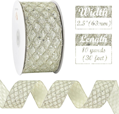 HUIHUANG Champagne Glitter Wired Ribbon for Christmas Tree 2.5 inch Light Champagne Diamond Mesh Ribbon for Tree Decoration, Wreaths, Garland, Gift Wrapping, Bows Making, Home Decor -10 Yards - Crafty Corner