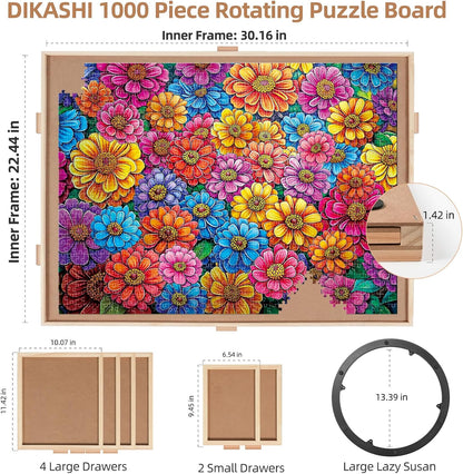 1000 Pieces Rotating Puzzle Board with 6 Drawers, Lazy Susan & Transparent Cover, 30.2"x22.4" Portable Wooden Jigsaw Puzzle Board , Great Gift for for Puzzle Enthusiasts