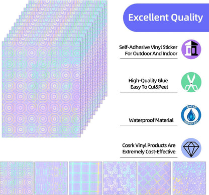 36 Sheets Holographic Sticker Paper, Clear Vinyl Laminate Film for Stickers Self-Adhesive, Transparent Overlay Lamination Sticker Paper Waterproof, 6 Patterns-8.5x11 Inch