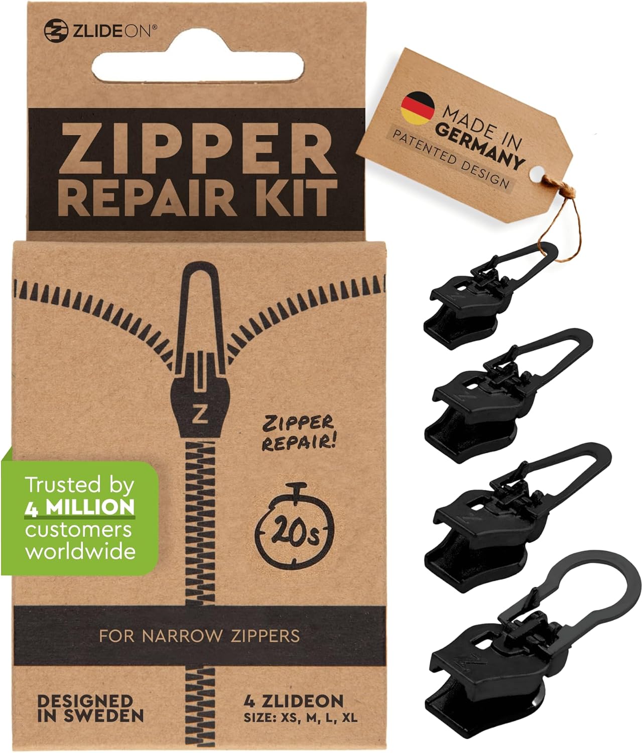ZlideOn Zipper Pull Replacement - Black, Normal Multipack (4 Pieces) - Instant Zipper Replacement Slider for Narrow Zippers