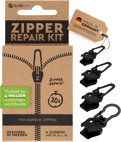 ZlideOn Zipper Pull Replacement - Black, Normal Multipack (4 Pieces) - Instant Zipper Replacement Slider for Narrow Zippers