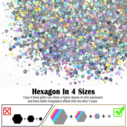 Ceya Holographic Chunky Glitter, 4.9oz/ 140g Silver Craft Glitter Powder Mixed Chunky Fine Flakes Iridescent Nail Sequins for Nail Art, Hair, Epoxy Resin, Tumblers, Slime, Painting, Festival Decor