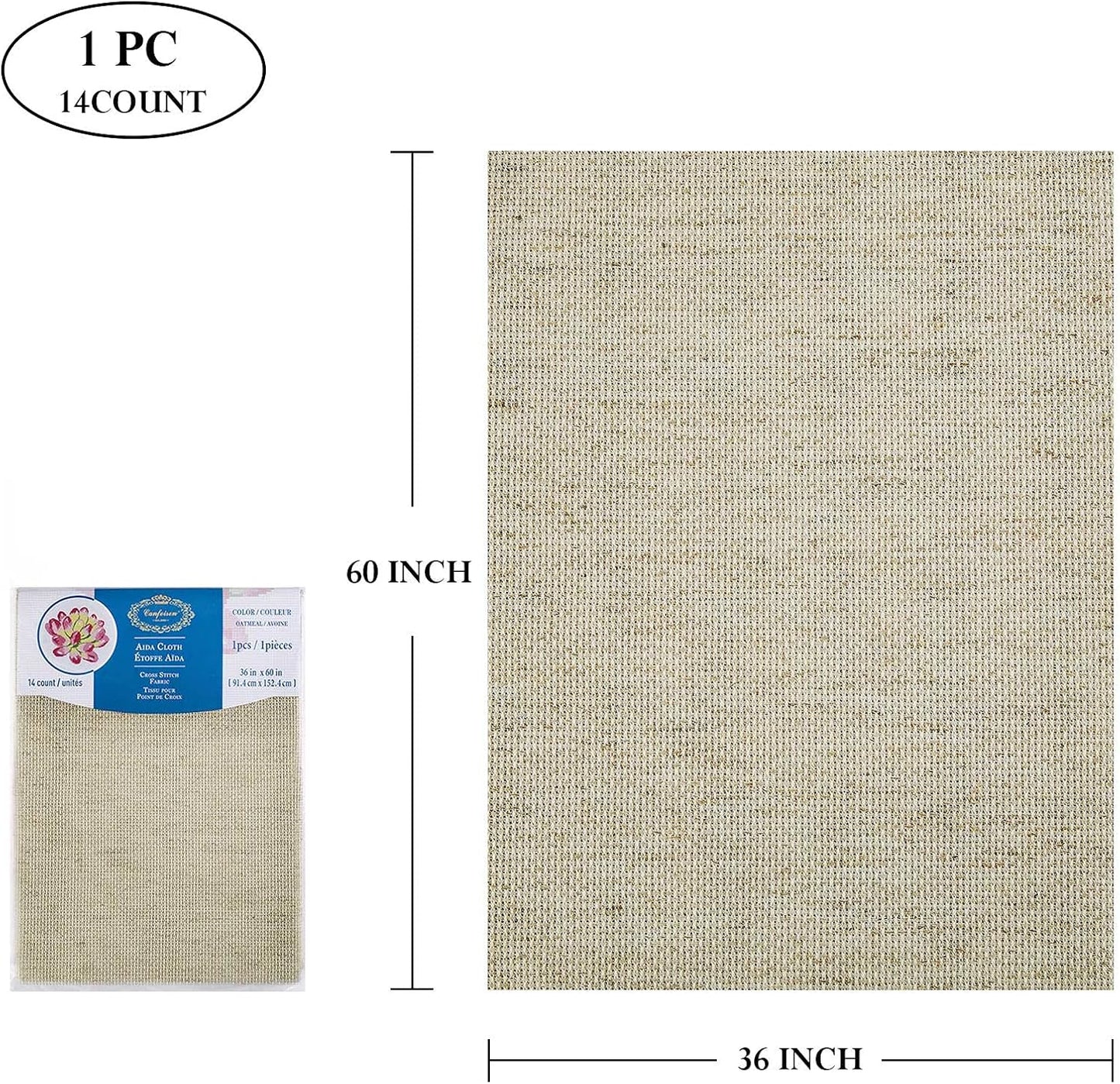 Aida Cloth Big Size 14 Count, Natural Oatmeal Cross Stitch Fabric, 60 inch by 36 inch (60 inch by 1 Yard)