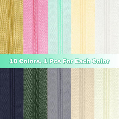 DOITEM 31 Yards 10 Pcs Sewing Zippers #3 Nylon Coil Zippers Assorted Zipper for Sewing with 40 Zipper Sliders for DIY Tailor Sewing Crafts Supplies, 10 Colors