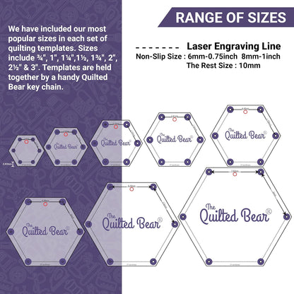 The Quilted Bear Square Quilting Templates – 8 Clear Non-Slip Acrylic Quilt Templates for Precise Fabric Cutting & Stress-Free Machine Quilting - Ideal for Quilt & Sewing Supplies (¾–3")