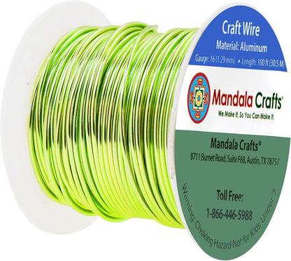 Mandala Crafts 16 Gauge Anodized Aluminum Craft Wire for Jewelry Making - 100 FT Colored Flexible Lime Green Wire - Bendable for Bonsai Armature Crafting Sculpting