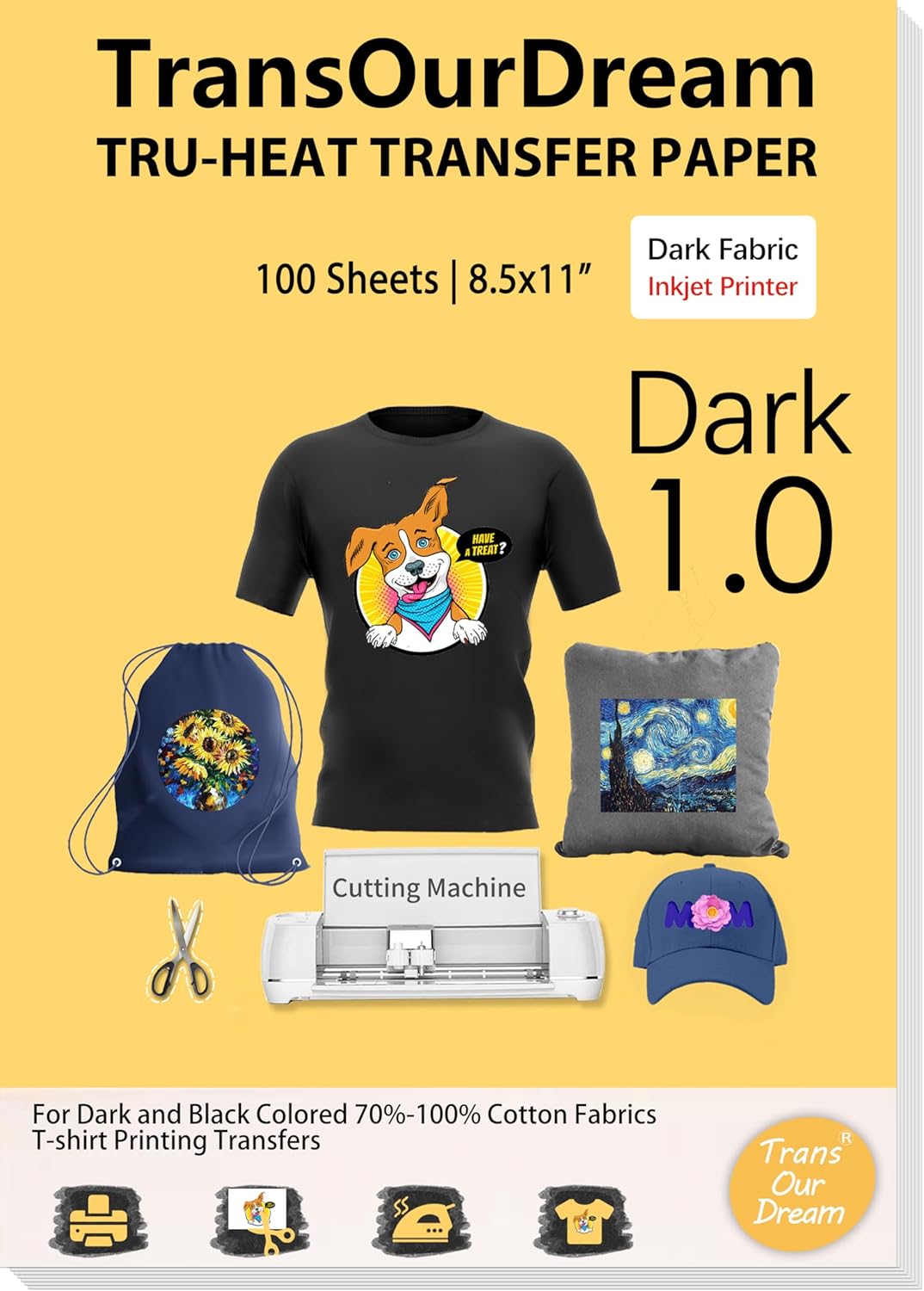 TransOurDream Heat Transfer Paper for Dark T Shirts (100 Sheets, 8.5x11", Dark 1.0) Iron on Transfers Paper for Inkjet Printer Printable Heat Transfer Vinyl for Dark Fabrics