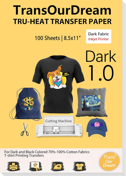 TransOurDream Heat Transfer Paper for Dark T Shirts (100 Sheets, 8.5x11", Dark 1.0) Iron on Transfers Paper for Inkjet Printer Printable Heat Transfer Vinyl for Dark Fabrics