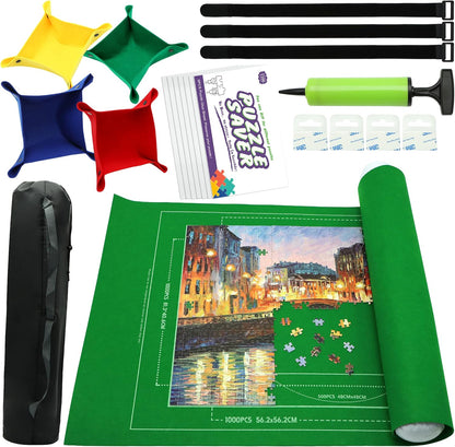 Portable Puzzle Mat Roll Up - with 9 Glue Sheets, Sorting Trays, Hand Pump, Inflatable Tube, and Storage Bag - Perfect for Kids and Adults (Green, 1500pcs)