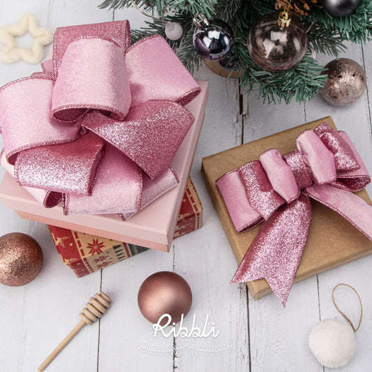 Ribbli Pink Velvet Wired Ribbon 2.5 Inch Velvet with Glitter Christmas Ribbon for Tree Decoration Big Bow Gift Wrapping Crafts Wreaths Supplies - 10 Yards - Crafty Corner