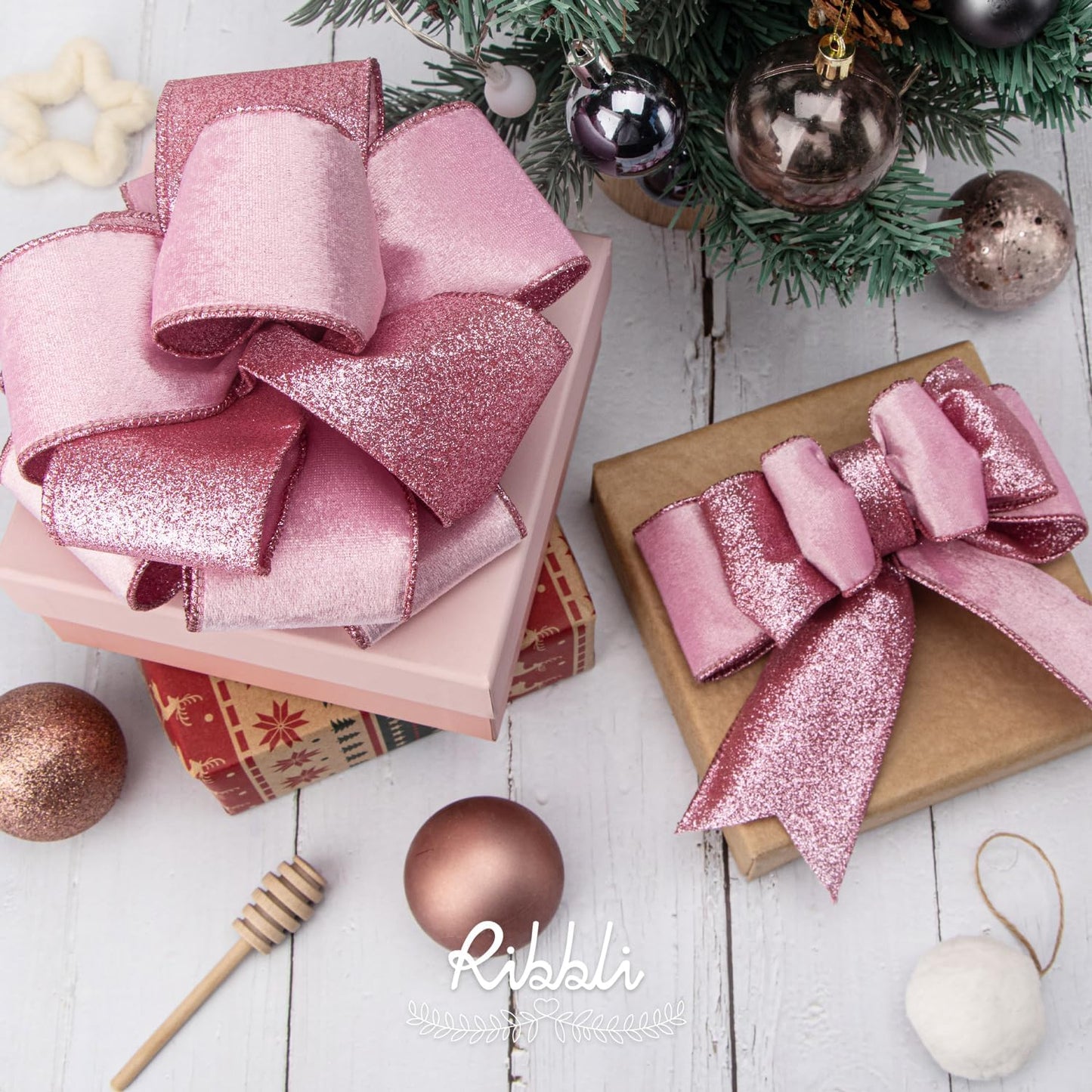 Ribbli Pink Velvet Wired Ribbon 2.5 Inch Velvet with Glitter Christmas Ribbon for Tree Decoration Big Bow Gift Wrapping Crafts Wreaths Supplies - 10 Yards - Crafty Corner
